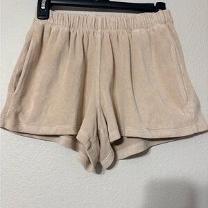 Suzie Kondi Cotton Tan Soft Velour Teddy Track Shorts w Side Pockets. XS
